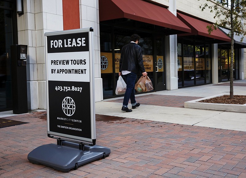 A sign reads "For lease" at the Market City Center apartment building downtown on Friday, Nov. 16, 2018, in Chattanooga, Tenn. 