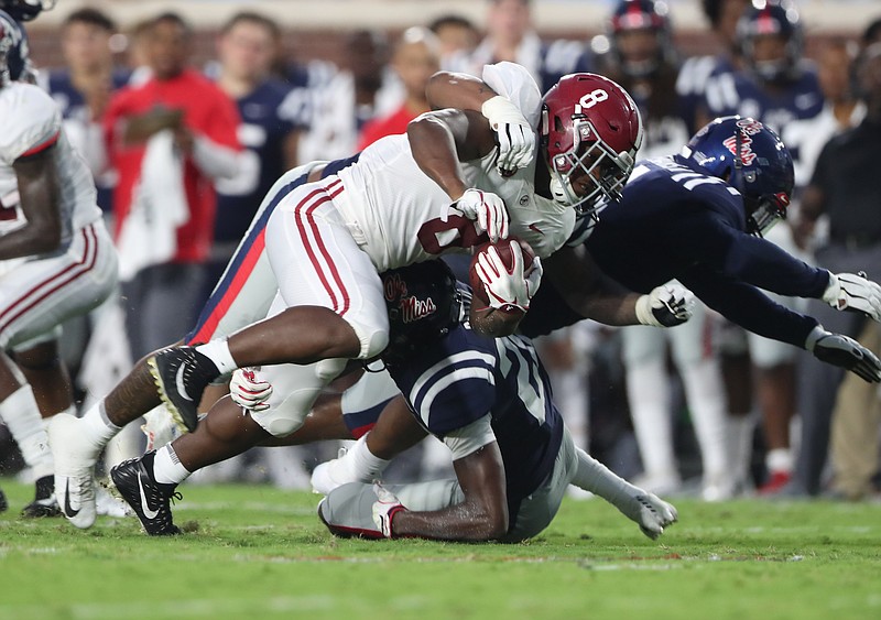 Running back Josh Jacobs is among the seven Alabama players who have bypassed remaining eligibility for an opportunity at the 2019 NFL draft. / Alabama photo/Kent Gidley