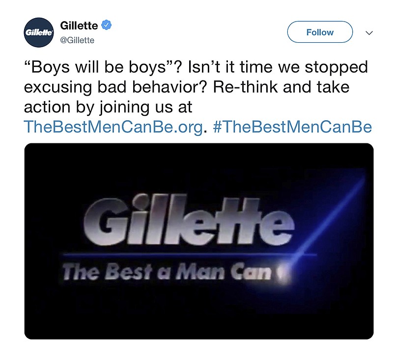 This image from Gillette's Twitter account shows a Gillette advertisement. The ad for men invoking the #MeToo movement is sparking online backlash, with some saying it talks down to men and calling for a boycott. Gillette says it doesn't mind sparking a discussion, and since it debuted Monday, Jan. 14, 2019, the online-only ad has garnered millions of views on YouTube, a level of buzz and chatter that any brand would covet. (Gillette via AP)