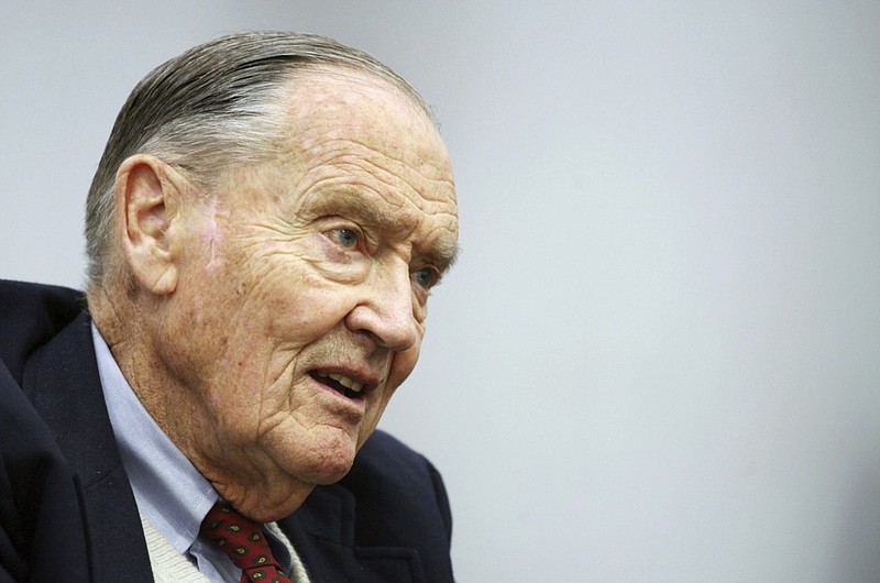 In this Tuesday, May 20, 2008, file photo, John Bogle, founder of The Vanguard Group, talks during an interview with The Associated Press, in New York. Vanguard announced Wednesday, Jan. 16, 2019, that John C. "Jack" Bogle has died at the age of 89. (AP Photo/Mark Lennihan, File)