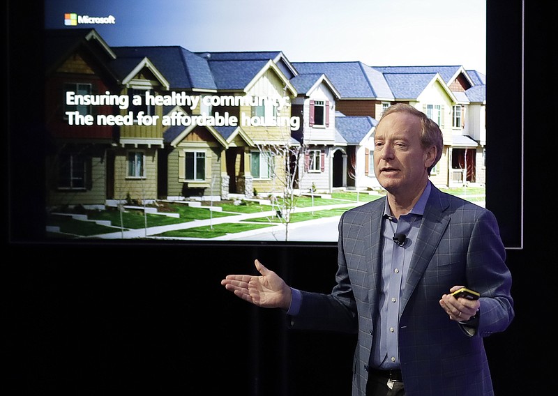 Microsoft Corp. President Brad Smith speaks Thursday, Jan. 17, 2019, during a news conference in Bellevue, Wash., to announce a $500 million pledge by Microsoft to develop affordable housing for low- and middle-income workers in response to the Seattle region's widening affordability gap and to also to address homelessness. (AP Photo/Ted S. Warren)
