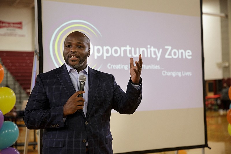 Schools Superintendent Bryan Johnson speaks during the Opportunity Zone Community Celebration Phase II at Howard School on Tuesday, Sept. 25, 2018, in Chattanooga, Tenn. Parents, school faculty and community members gathered to note the accomplishments of the Opportunity Zone schools.