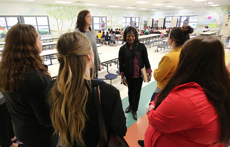 East Lake Elementary School principal Joyce Lancaster speaks to a group of potential teacher candidates at East Lake Elementary School Friday, January 18, 2019 in Chattanooga, Tennessee. Hamilton County Schools is holding school preview, tour days and first-round interviews with interested candidates as the school system prepares for recruiting teachers for the 2019-2020 school year.