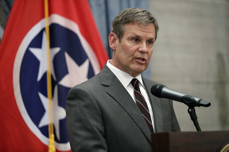 FILE- In this Nov. 7, 2018 file photo, Governor-elect Bill Lee speaks during a news conference in the Capitol in Nashville, Tenn. Lee said he will direct his legal counsel to investigate whether Tennessee's most populated county is following a new law that prohibits local authorities from requiring a warrant or probable cause before complying with federal immigration detainers. Earlier this month, the Shelby County Sheriff's Office said it won't detain anyone being released from jail without a warrant or probable cause because the county attorney advised that the new law doesn't apply to them. (AP Photo/Mark Humphrey, File)

