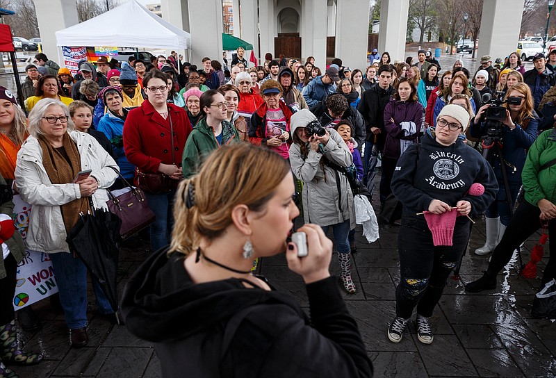 Staff photo by Doug Strickland / 
The Rev. Alaina Cobb speaks during the Chattanooga Women's March on Saturday, Jan. 19, 2019, in Chattanooga, Tenn. Multiple demonstrators were arrested during the march after walking in Market Street and ignoring police orders to move to the sidewalk.     