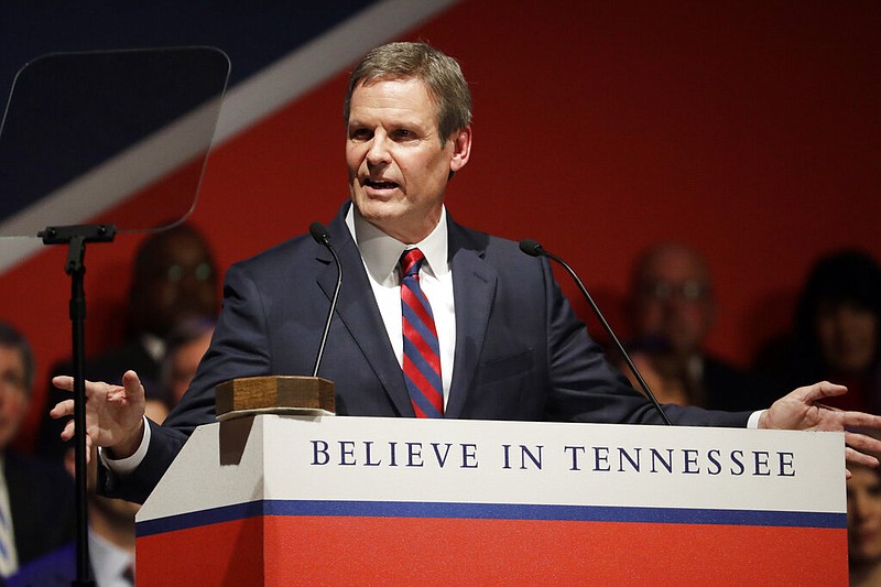 Tennessee Gov. Bill Lee delivers his inaugural address after taking the oath of office in War Memorial Auditorium Saturday, Jan. 19, 2019, in Nashville, Tenn. (AP Photo/Mark Humphrey)