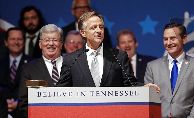 Outgoing Gov. Bill Haslam speaks at the inauguration of Gov.-elect Bill Lee in War Memorial Auditorium Saturday, Jan. 19, 2019, in Nashville, Tenn. (AP Photo/Mark Humphrey)