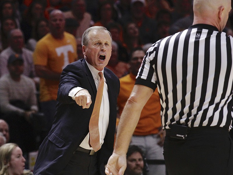Tennessee men's basketball coach Rick Barnes yells from the sideline in the second half of the Vols' 71-68 win over Alabama on Saturday in Knoxville.