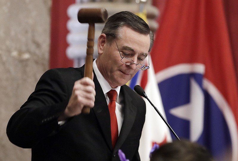 House Speaker Glen Casada, R-Franklin, bangs the gavel on the opening day of the 111th General Assembly Tuesday, Jan. 8, 2019, in Nashville, Tenn. (AP Photo/Mark Humphrey)