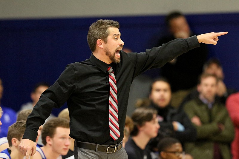 Boyd Buchanan boys head basketball coach Josh Templeton yells to his team from the sideline during the Chattanooga Christian vs. Boyd Buchanan boys' basketball game Tuesday, January 22, 2019 in Chattanooga, Tennessee.