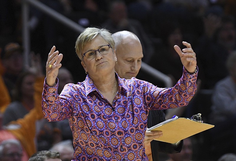 In this Thursday, Jan. 10, 2019, file photo, Tennessee coach Holly Warlick reacts to a call during an NCAA college basketball game against Kentucky in Knoxville, Tenn. Kentucky won 73-71. The 20th-ranked Tennessee Lady Volunteers have lost three straight games for the first time since February 1986. That three-game skid includes Tennessee's first back-to-back home losses since 2007. (Joy Kimbrough/The Daily Times via AP, File)