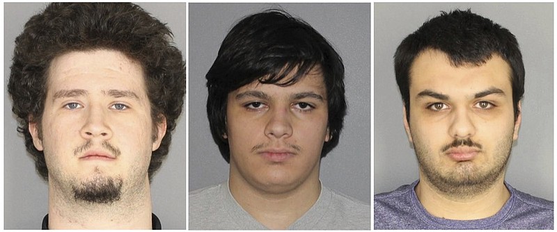 This combination of three Jan. 22, 2019, photographs released by the Greece Police Department in Greece, N.Y., shows Brian Colaneri, from left, Andrew Crysel and Vincent Vetromile. Authorities said that the three men were charged with plotting to attack a rural upstate New York Muslim community with explosives. The three Rochester, NY-area men are accused of plotting to attack Islamberg, a 60-acre Muslim enclave west of the Catskills, according to court papers. (Greece Police Department via AP)

