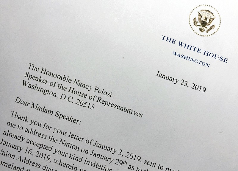 A portion of a letter sent to House Speaker Nancy Pelosi to President Donald Trump, Wednesday, Jan. 23, 2019 in Washington. Trump made it clear Wednesday that he intends to deliver his State of the Union speech to a joint session of Congress, telling House Speaker Nancy Pelosi in a letter that there are no security concerns stemming from the government shutdown and "therefore I will be honoring your invitation." (AP Photo/Wayne Partlow)