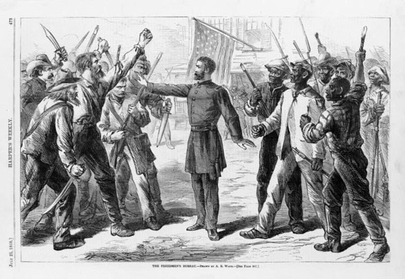 A Freedmen's Bureau agent stands between armed groups of whites and freedmen in this 1868 drawing from Harper's Weekly. (Contributed photo/Library of Congress)