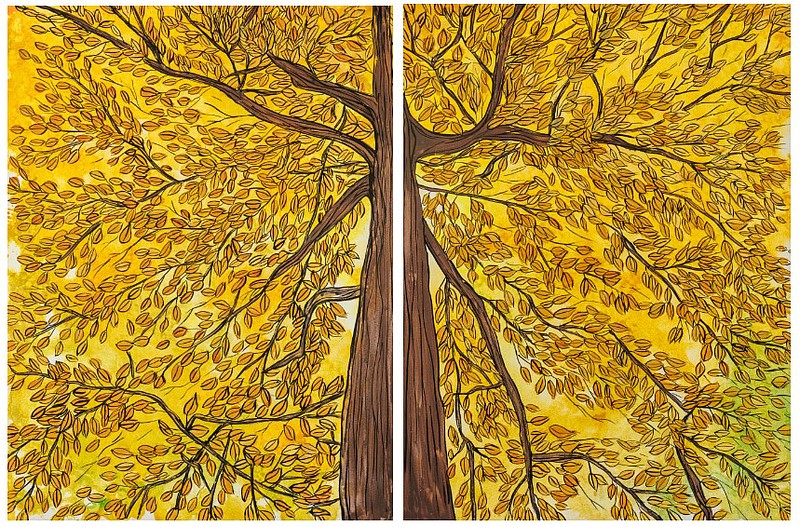 Jaime Barks' "fall in the woods," above, is a diptych composed of two 24- by 16-inch panels depicting "a life force flowing to the sky." (Photos from In-Town Gallery)