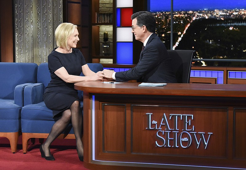 The "Late Show with Stephen Colbert" and guest Sen. Kirsten Gillibrand during the Jan. 15 show. Scott Kowalchyk/CBS Broadcasting Inc.