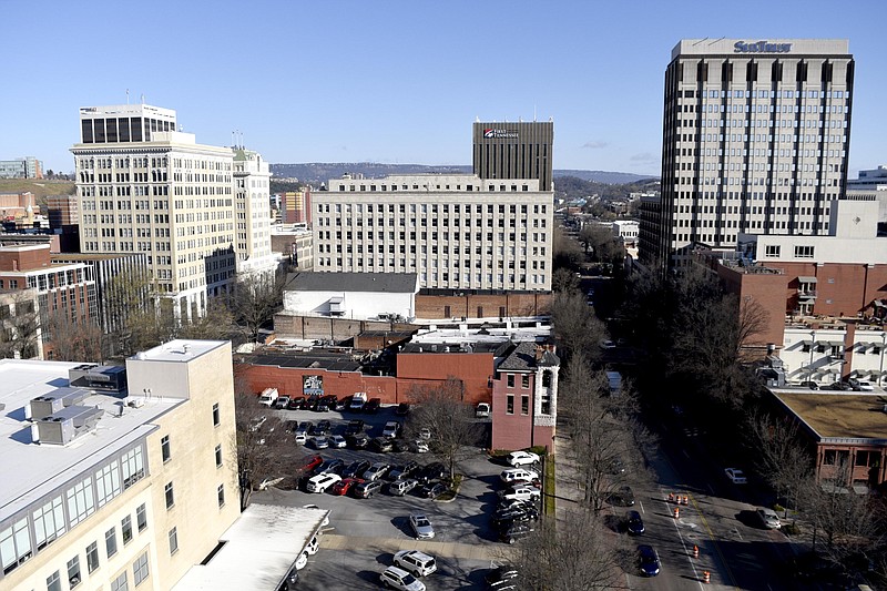 A view of downtown Chattanooga is seen from the Tower atop the Electric Power Building at the corner of Martin Luther King Blvd. and Market Street.  Some of the landmarks include, the James Buidling, the Chattanooga Bank Buidling, First Tennessee, and Sun Trust.  