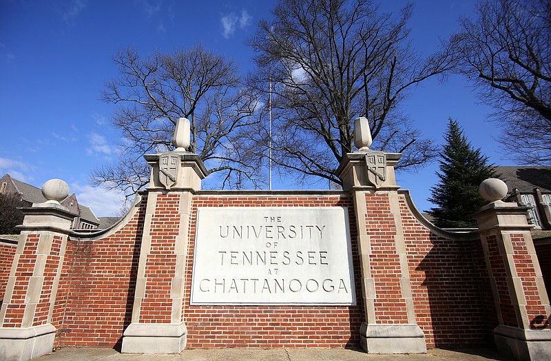A University of Tennessee at Chattanooga sign near an entrance to the campus along McCallie Avenue is photographed Monday, Jan. 28, 2019, in Chattanooga, Tennessee.