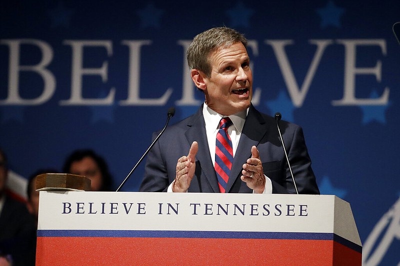 Tennessee Gov. Bill Lee says he would be open to delivers his inaugural address after taking the oath of office in War Memorial Auditorium Saturday, Jan. 19, 2019, in Nashville, Tenn. (AP Photo/Mark Humphrey)