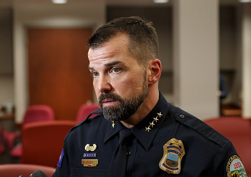 Police Chief David Roddy answers questions from reporters following a City Council work session at the Chattanooga City Council building on Tuesday, Jan. 29, 2019, in Chattanooga, Tenn. At the work session, Chief Roddy explained the departments policies for officer discipline and answered questions from councilors after a video depicting an officer punching a suspect was released earlier this month.