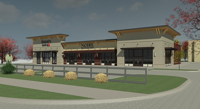 Rendering by MPL Construction / The first of two new commercial buildings is set to open this summer at the Jordan Crossing development at Exit 1 off I-75 in East Ridge. It's slated to hold a Buddy's Bar-B-Q restaurant and Noire nail salon.
