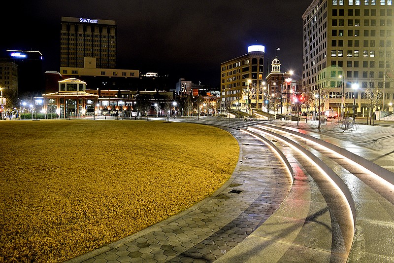 Miller Park is seen in the foreground as Miller Plaza, 1 Central Plaza, the Dome Building and the Volunteer State Life Building dominate the city skyline.