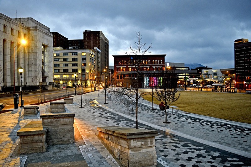 Miller Park dominates the foreground in this early morning view of the Chattanooga skyline. Landmarks such as the Joel W. Solomon Federal Building, Park Plaza, the TVA Building, Lookout Mountain, the Public Library and the Electric Power Board Building are seen in the background. Rain coats the sidewalks and streets of downtown Chattanooga on January 29, 2018. The tri-state had expected snow, but the few flakes made no impact on travel.