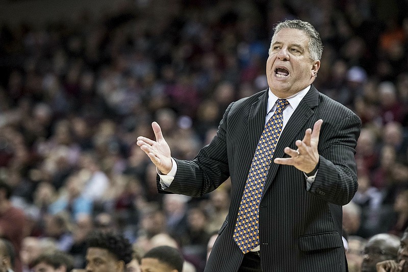 Auburn men's basketball coach Bruce Pearl shouts at an official during the first half of the Tigers' game at South Carolina on Jan. 22. Pearl said improvements to his program's facilities have helped recruiting even as the SEC has grown tougher in men's basketball.