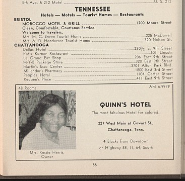 As the "Green Book's" influence grew, several Chattanooga businesses placed ads in the publication. Quinn's Hotel on Carter Street advertised its 48 rooms.