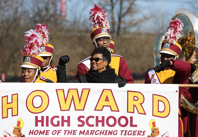 The Howard School principal LeAndrea Ware, in the center, dances along with the Howard School marching band during a groundbreaking event at Howard School Thursday, January 31, 2019 in Chattanooga, Tennessee. Howard's band and athletic teams joined in the celebration during the ceremony Thursday afternoon.