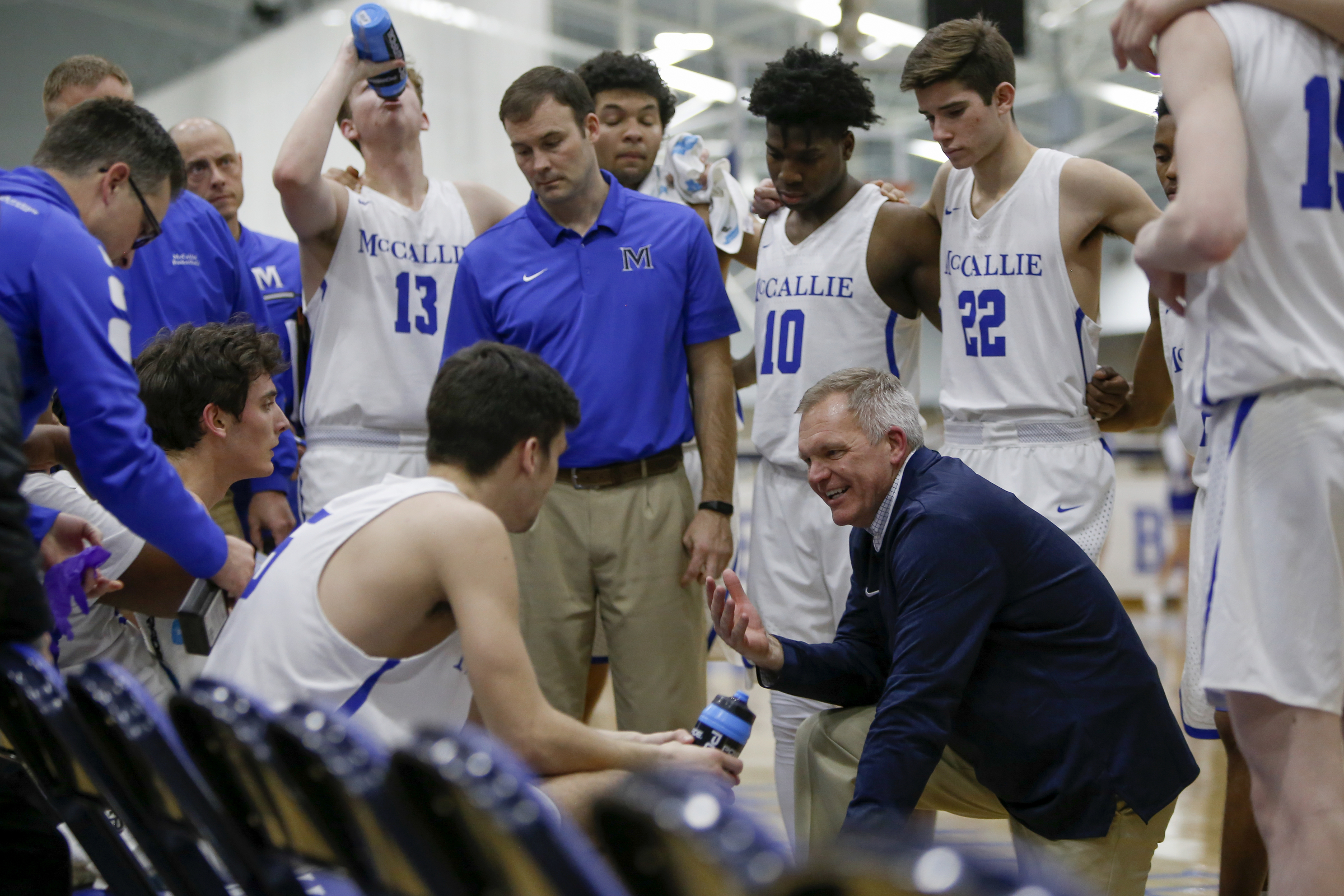 McCallie coach David Conrady talks to his team during their game against IMG Academy during The McCallie Dr Pepper TEN Classic at the Walker Forum on the campus of the McCallie School on Friday, Feb. 1, 2019 in Chattanooga, Tenn.