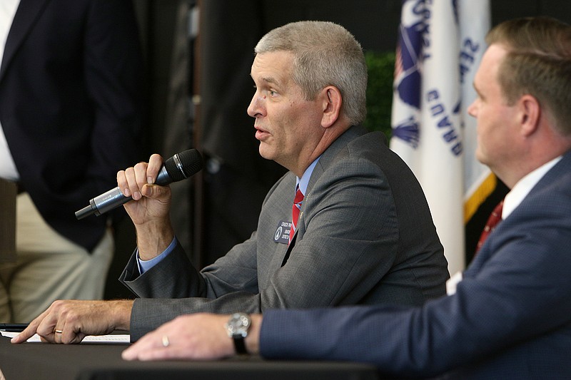 Staff photo by Erin O. Smith / Sen. Chuck Payne answers a question during a candidate forum for the May 22 primary Tuesday, April 24, 2018 at Southeast Whitfield County High School in Dalton, Ga. Payne, the incumbent, will be running up against Scott Tidwell for the District 54 State Senate seat in the upcoming primary election.