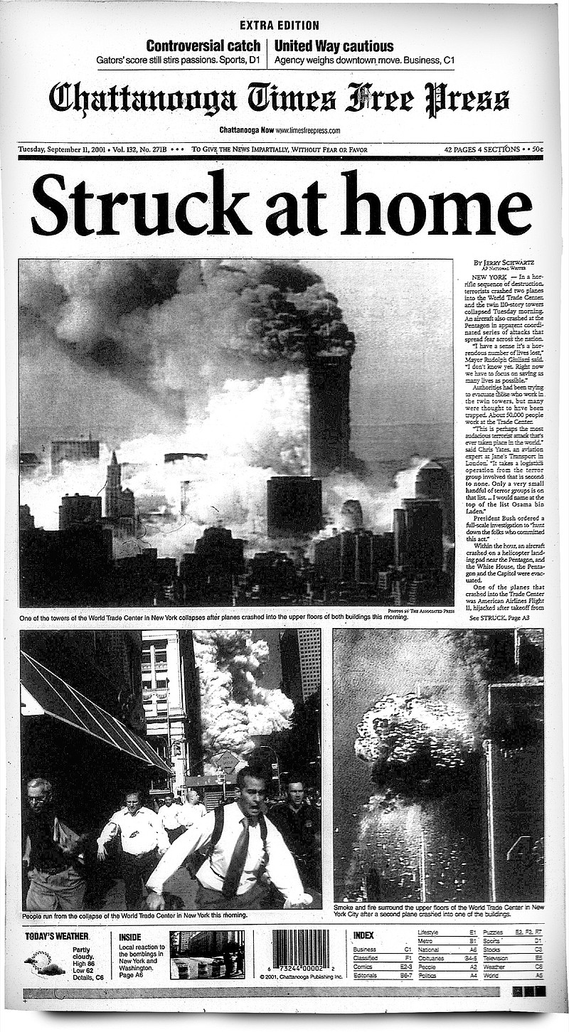 This image shows the front page of an Extra Edition of the Times Free Press produced hours after the terrorist attacks of Sept. 11, 2001.