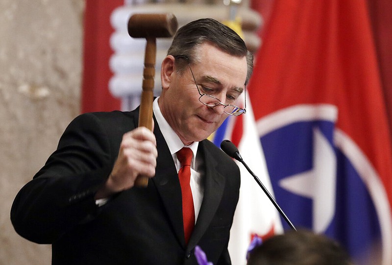 FILE - Ink this Jan. 8, 2019 file photo, House Speaker Glen Casada, R-Franklin, bangs the gavel on the opening day of the 111th General Assembly Nashville, Tenn. Tennessee lawmakers are set to tussle for months over the state's criminal justice and education systems, sports betting and medical marijuana, and hot-button topics ranging from guns to abortion. The Republican-supermajority General Assembly is finally digging into its workload after new Republican Gov. Bill Lee has taken office and begun getting acclimated. (AP Photo/Mark Humphrey, File)