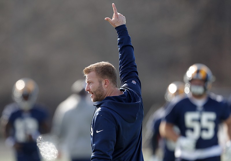 Los Angeles Rams head coach Sean McVay oversees practice Friday in Flowery Branch, Ga. The Rams take on the New England Patriots tonight in Super Bowl LIII at Atlanta's Mercedes Benz Stadium.