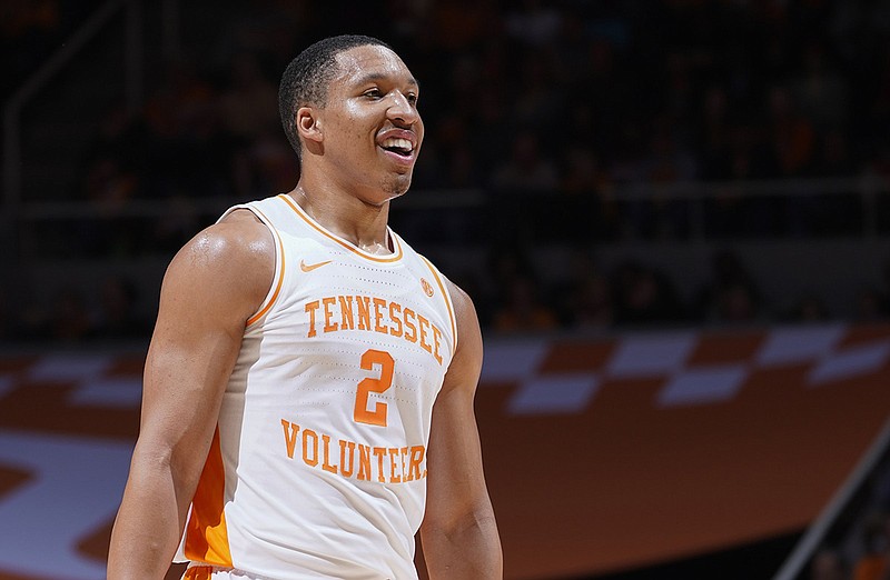 Tennessee's Grant Williams is all smiles after shooting 22 points and getting another double-double against the Demon Deacons of Wake Forest at Thompson-Boxing Arena on Saturday, Dec. 22, 2019. (Photo by Patrick Murphy-Racey)