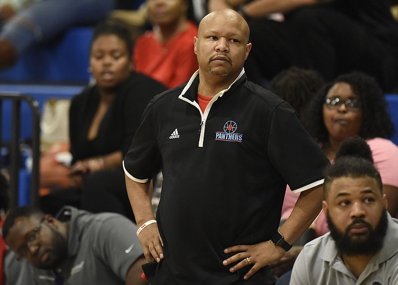 Brainerd head coch Levar Brown watches from the sidelines.  The East Ridge Pioneers visited the Brainerd Panthers in TSSAA boys' basketball action on February 5, 2019.  