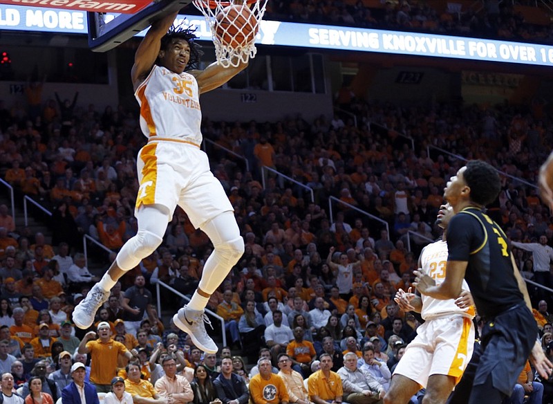 Tennessee forward Yves Pons (35) dunks the ball during the first half of an NCAA college basketball game against Missouri Tuesday, Feb. 5, 2019, in Knoxville, Tenn. (AP photo/Wade Payne)

