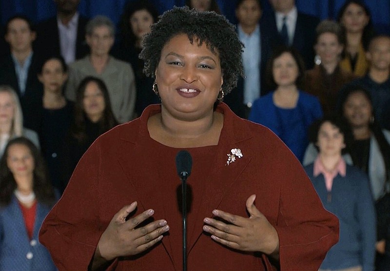 In this pool image from video, Stacey Abrams delivers the Democratic party's response to President Donald Trump's State of the Union address, Tuesday, Feb. 5, 2019 from Atlanta. Abrams narrowly lost her bid in November to become America's first black female governor, and party leaders are aggressively recruiting her to run for U.S. Senate from Georgia. Speaking from Atlanta, Abrams calls the shutdown a political stunt that "defied every tenet of fairness and abandoned not just our people, but our values." (Pool video image via AP)

