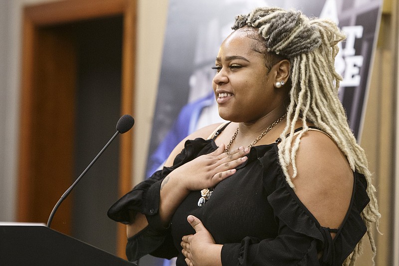 LaShaysheion Thomas, a student at Howard, speaks after being named the David Fussell Outstanding Leaderhsip Award winner during the Boys and Girls Clubs of Chattanooga's Great Futures Luncheon at The Chattanoogan on Thursday, Feb. 7, 2019 in Chattanooga, Tenn.