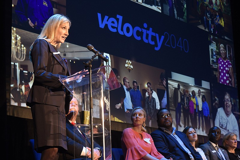 Christy Gillenwater, Chamber president and CEO outlines the Velocity 2040 process. The Chattanooga Chamber of Commerce held a news conference at Memorial Auditorium's Walker Theatre to detail highlights and results of the Velocity 2040 study on Feb. 7, 2019. Velocity 2040 is the new countywide planning process.  