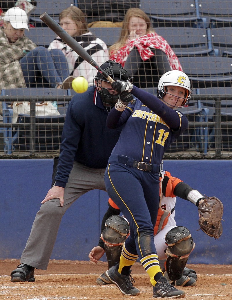 UTC outfielder Aly Walker, shown ripping a hit last March, is the 2019 Southern Conference softball preseason player of the year.