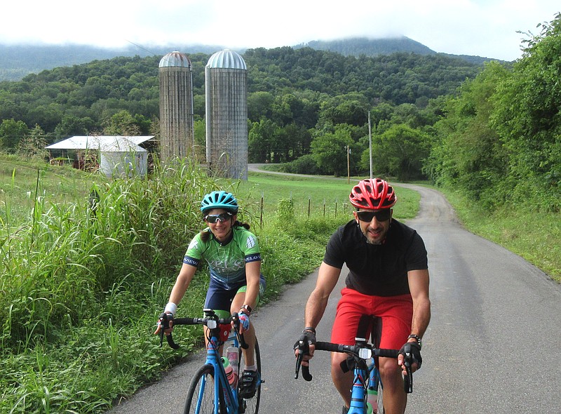 DJ & Nisha Sardellla tour the Sequatchie Valley Aug. 3, 2018. The valley is the first area included in a new region cycling initiative (Contributed photo by Shannon Burke).