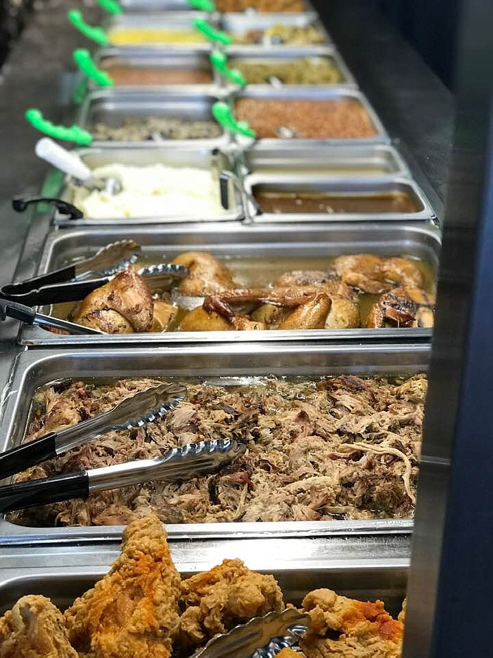 Fried chicken, smoked pork and smoked chicken await guests at cafeteria-style restaurant Nanny's Country Kitchen in Ringgold. Alongside the meat options are veggie-based eats like fried okra, mashed potatoes, baked beans, corn and more. (Contributed photo)