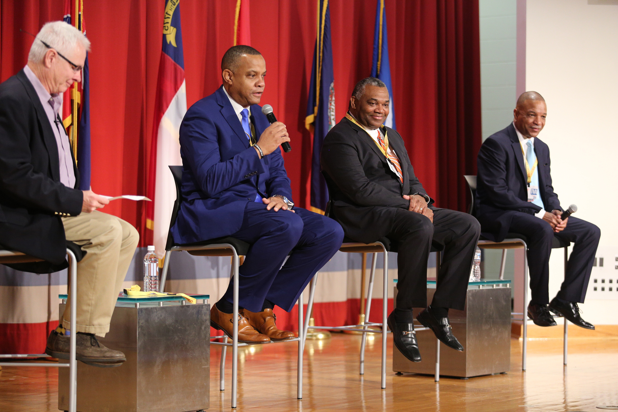 Second from left, J.T. Young, president and CEO of Memphis Light, Gas and Water, introduces himself during the American Association of Blacks in Energy panel at the TVA Missionary Ridge Auditorium Friday, February 8, 2019 in Chattanooga, Tennessee. The event was moderated by EPB's CEO David Wade and the two panelists to the right of Young are Decosta Jenkins, president and CEO of Nashville Electric Service, and Robert Gardner, the Electric Utility Director of Springfield Electric Department.