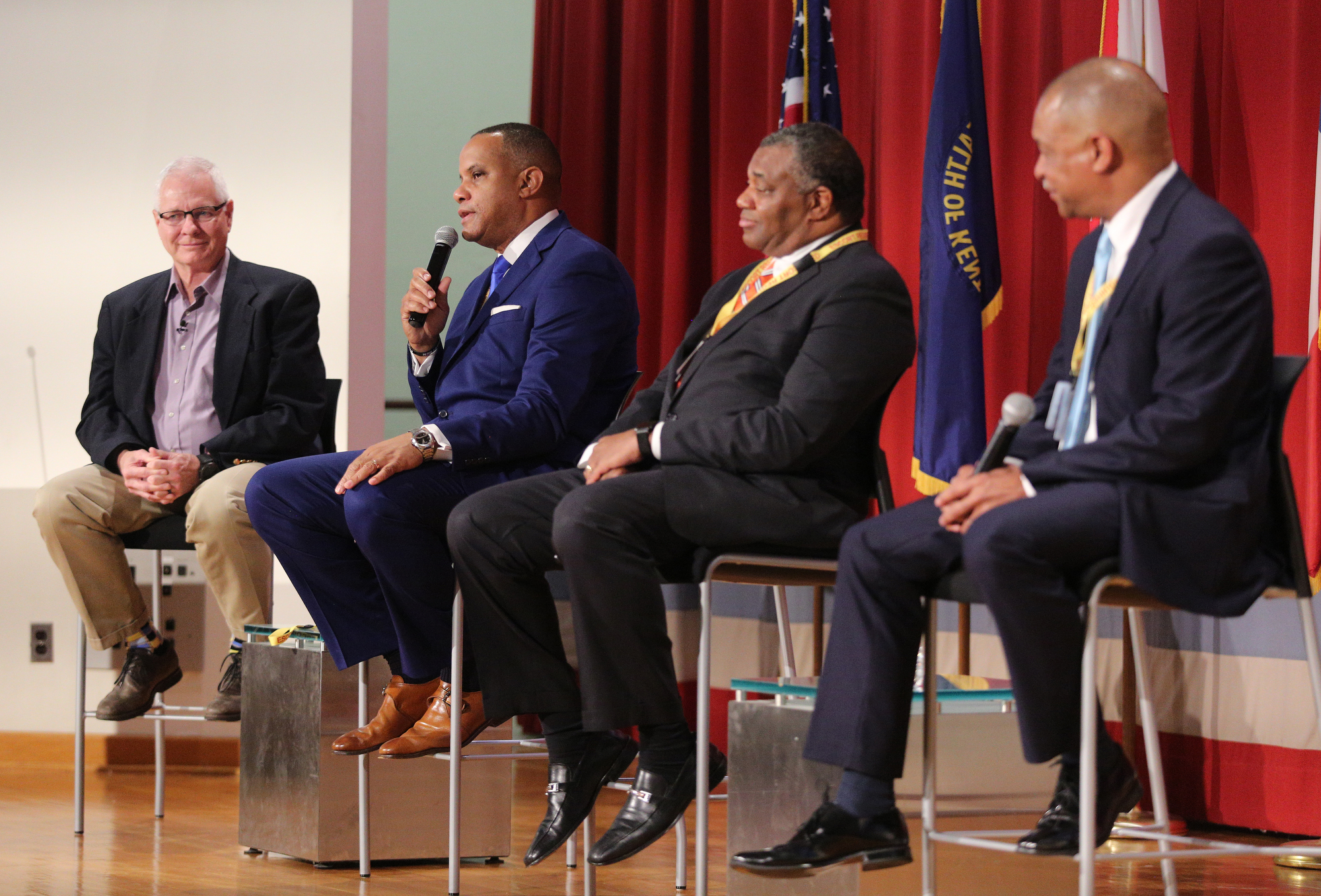 Second from left, J.T. Young, president and CEO of Memphis Light, Gas and Water, talks about mistakes he's made and how he's learned from them during the American Association of Blacks in Energy panel at the TVA Missionary Ridge Auditorium Friday, February 8, 2019 in Chattanooga, Tennessee. The event was moderated by EPB's CEO David Wade and the two panelists to the right of Young are Decosta Jenkins, president and CEO of Nashville Electric Service, and Robert Gardner, the Electric Utility Director of Springfield Electric Department.