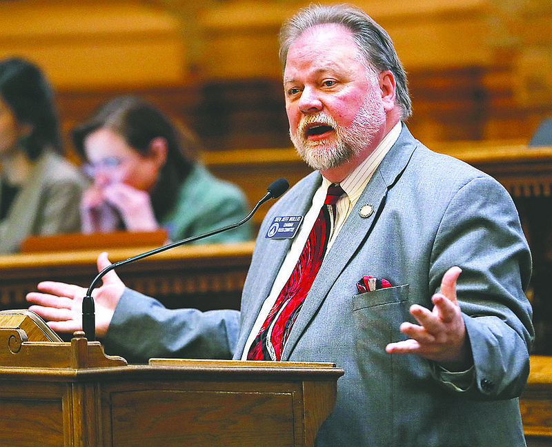 Senate Rules Chairman Jeff Mullis takes to the well to defend the committee assignments Wednesday, Jan. 16, 2019 in Atlanta. Female senators on both sides of the aisle blasted what they're calling sexism in committee assignments after Sen. Renee Unterman was moved from her powerful position as the chairwoman of the health committee to the lower-profile science and technology. Lt. Gov. Geoff Duncan touted the fact that four committees are chaired by women this year. Two women chaired committees last year. Unterman, and Democrats, are arguing that the move is cosmetic, since those committees see very few bills. (Bob Andres/Atlanta Journal-Constitution via AP)