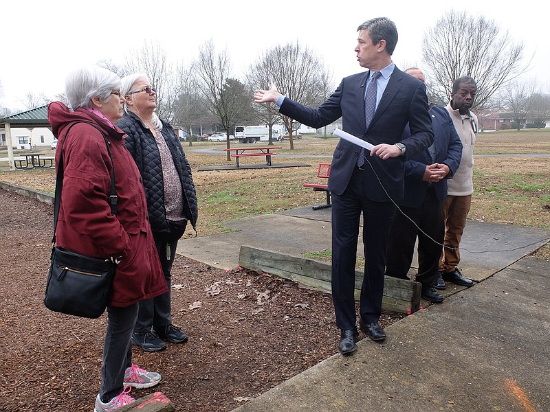 Chattanooga Mayor Andy Berke, center, talks to Brainerd resident's Sandra Ledford, second from left, and Pat Harvey about improving the Tacoa Park with funds designated for the Neighborhood Reinvestment Fund for 2019. Ezra Harris is seen, at right. 