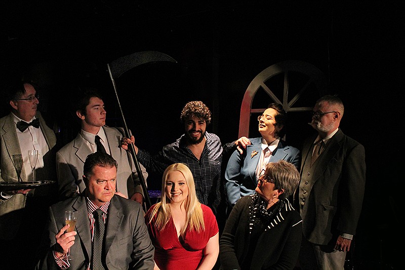 The cast of "Death Takes a Holiday" includes front, from left, Kevin Baskette, Emily Daily and Joan Jones. Standing are Art Sanner, Luke Duvall, Michael Lynn, Anna Calsetta and David Howard.
