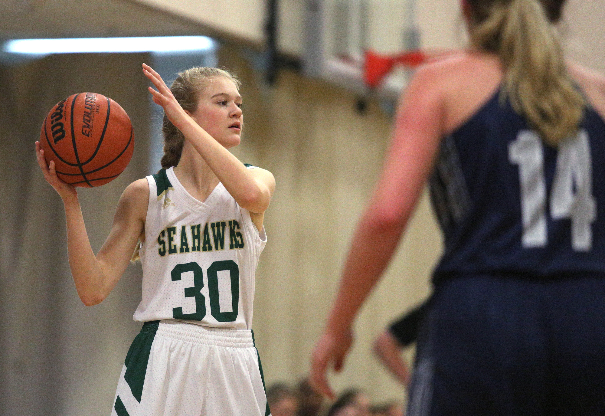 Silverdale's Marlee Montgomery (30) looks to pass the ball during the Silverdale vs. Grace Christian Academy region tournament game Tuesday, February 12, 2019 at Silverdale Baptist Academy in Chattanooga, Tennessee.